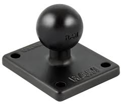 The RAM-B-347U base consists of a 1" diameter rubber ball connected at right angles to a 2" x 1.7" square base. The base has four pre-drilled holes at each corner, making the universal 1.5 x 1.188 (hole spacing) AMPS hole pattern.