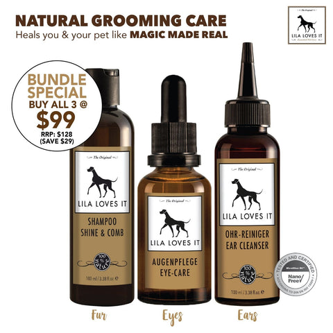 BUNDLE PROMO: Lila Loves It Shine & Comb Concentrated Dog Shampoo, Ear Cleanser For Dogs & Eye Care Dog Eye Cleanser - Kohepets