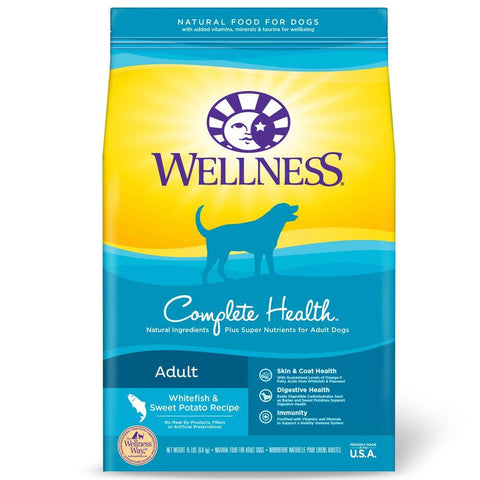 'FREE Treats w 30lb': Wellness Complete Health Whitefish & Sweet Potato Dry Dog Food - Kohepets